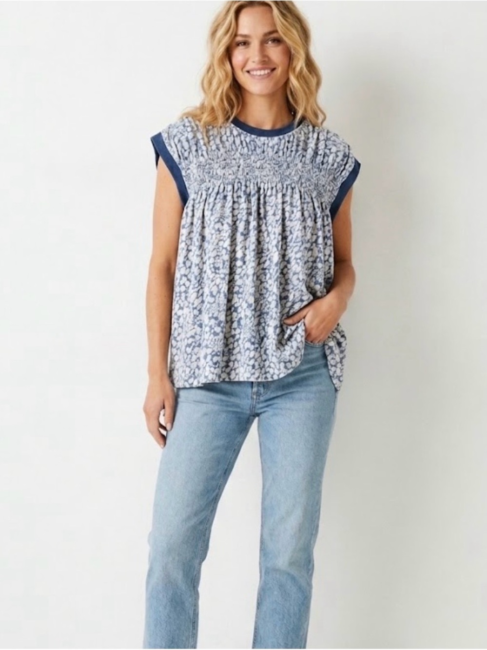 Anthropologie Light Blue Floral Smocked Cap-Sleeve Blouse with Navy Trim
